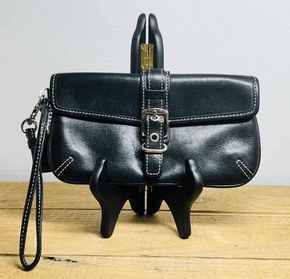 Coach Black Leather Wristlet with Buckle Snap